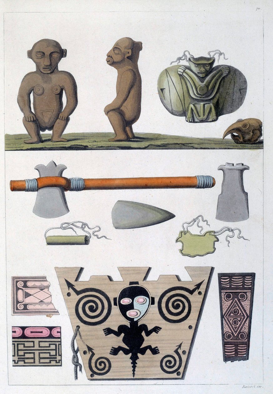 Planche coloriée du XIXe siècle : statuettes, haches de pierre, amulettes et motifs gravés attribués aux Arawak des Antilles.